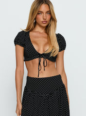 Alletta Tie Up Micro Crop Top Black Polka