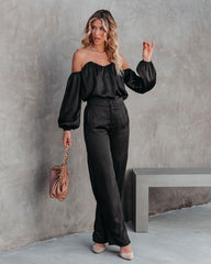Clockwork Pocketed Satin Wide Leg Trousers - Black - SALE