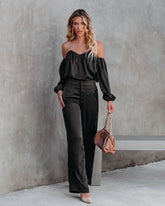Clockwork Pocketed Satin Wide Leg Trousers - Black - SALE