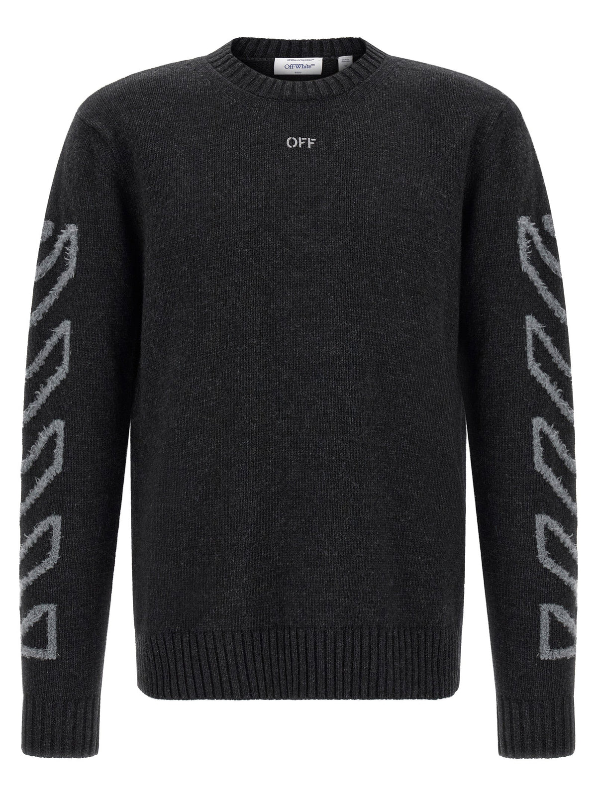 Off-White Diagonal Arrow Wool Crew Neck Sweater — Gray