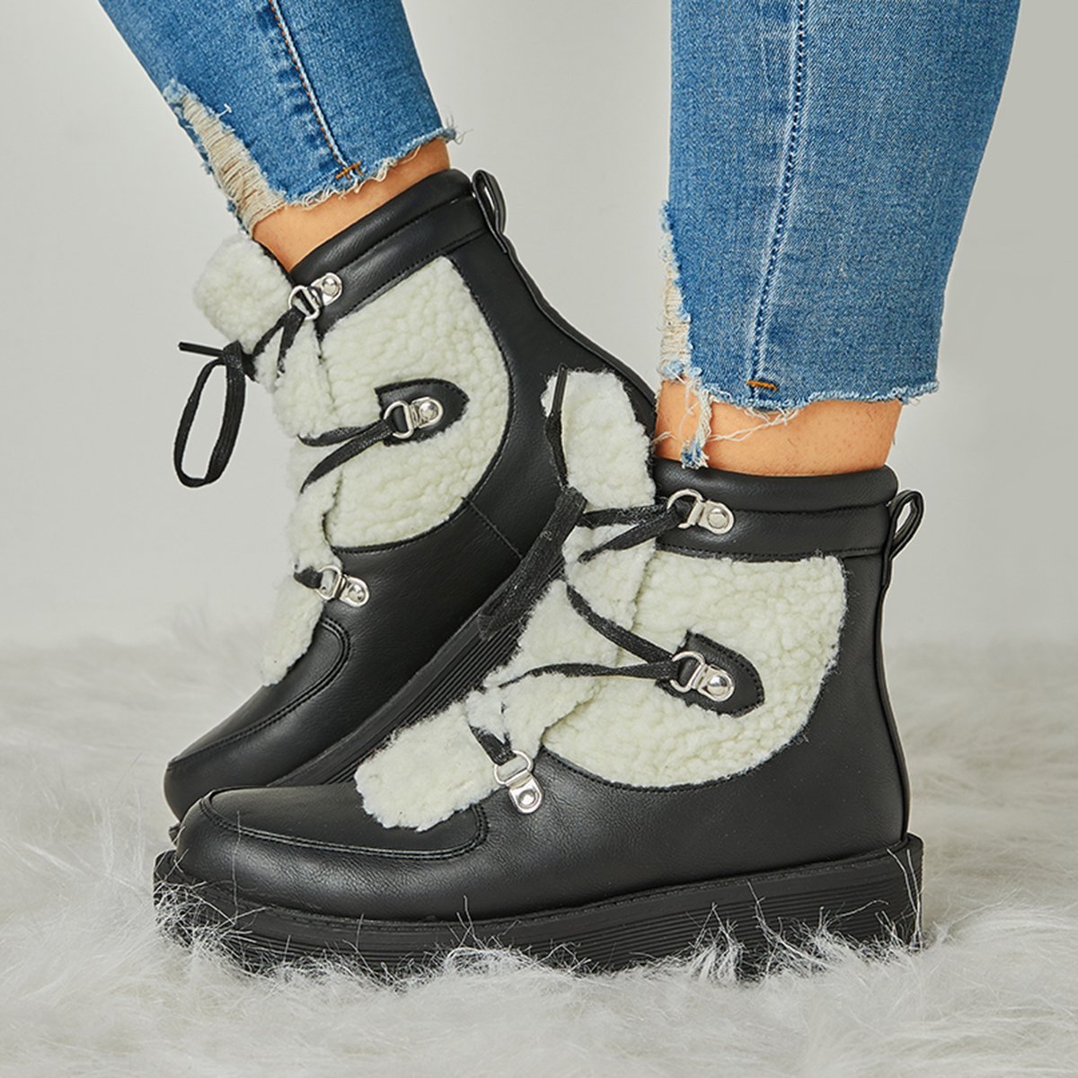 Faux Shearling Stiching Lace Up Snow Boots