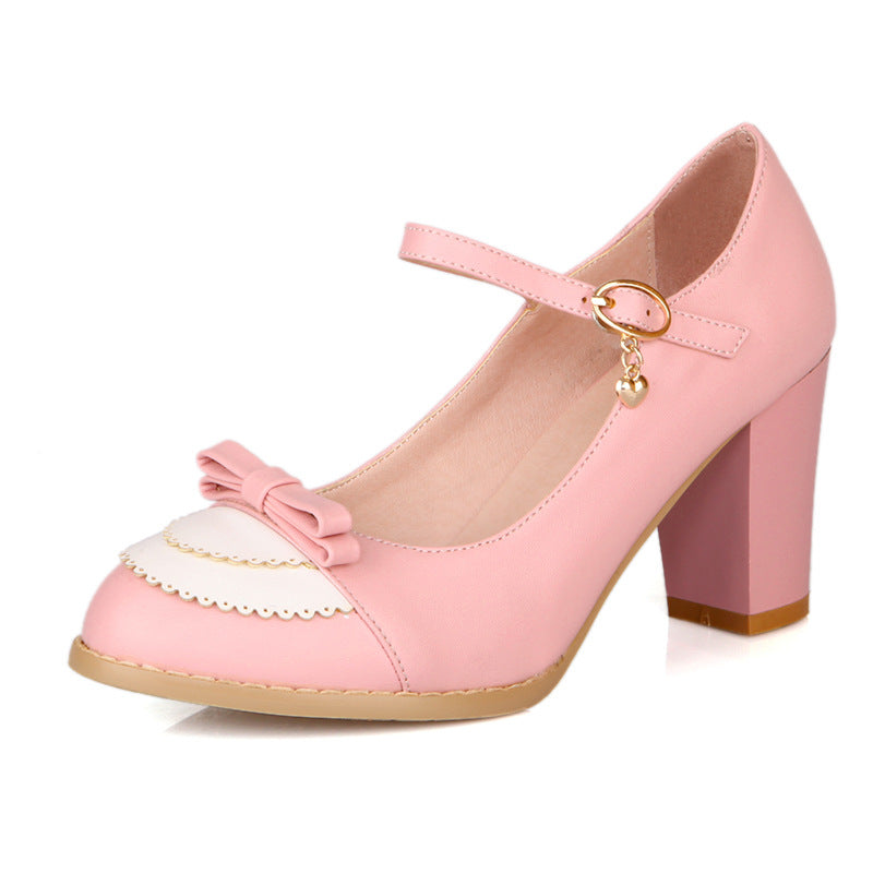 Autumn Bow Buckle Thick High Heels