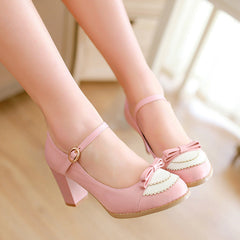 Autumn Bow Buckle Thick High Heels