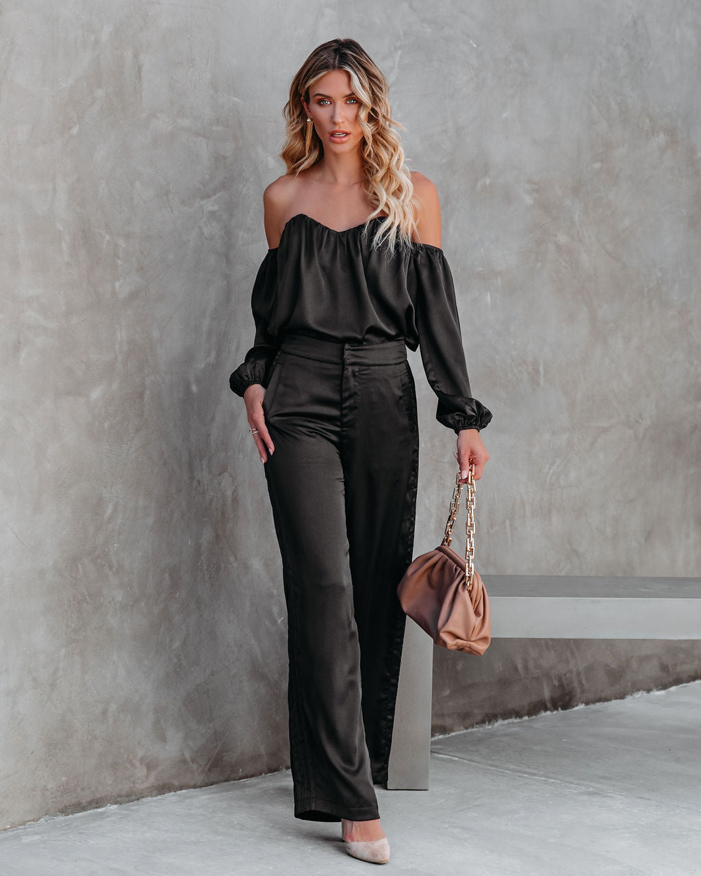 Clockwork Pocketed Satin Wide Leg Trousers - Black - SALE